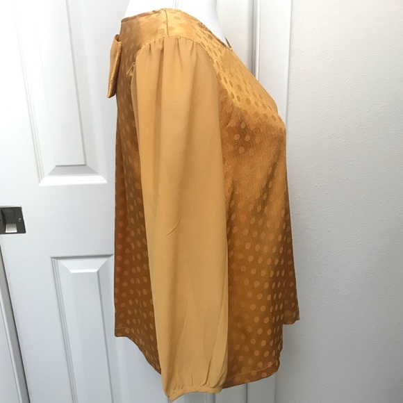 CHLOE K Mustard Yellow Satin Polka Dot Bow Blouse M - Picture 3 of 6